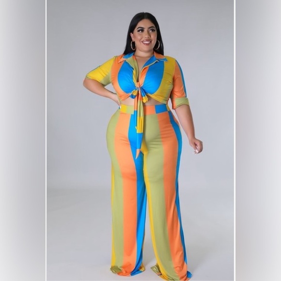 Women’s Plus Size Multi Color Two Piece Collar Self Tie Crop Top Wide Pants Set - Picture 4 of 14